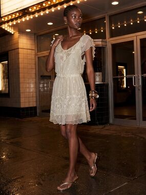 Sheer Ruffle V-Neck Mini Dress in Ivory